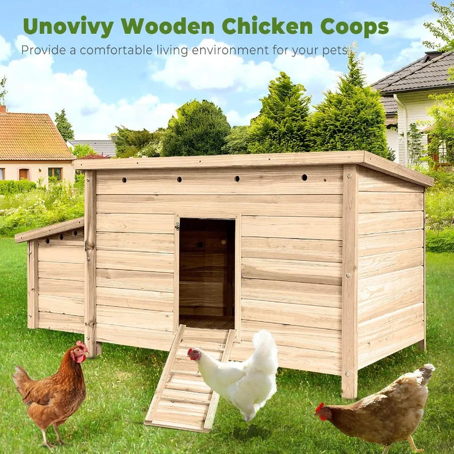 Outdoor wooden chicken coop with double nesting boxes and ramp.