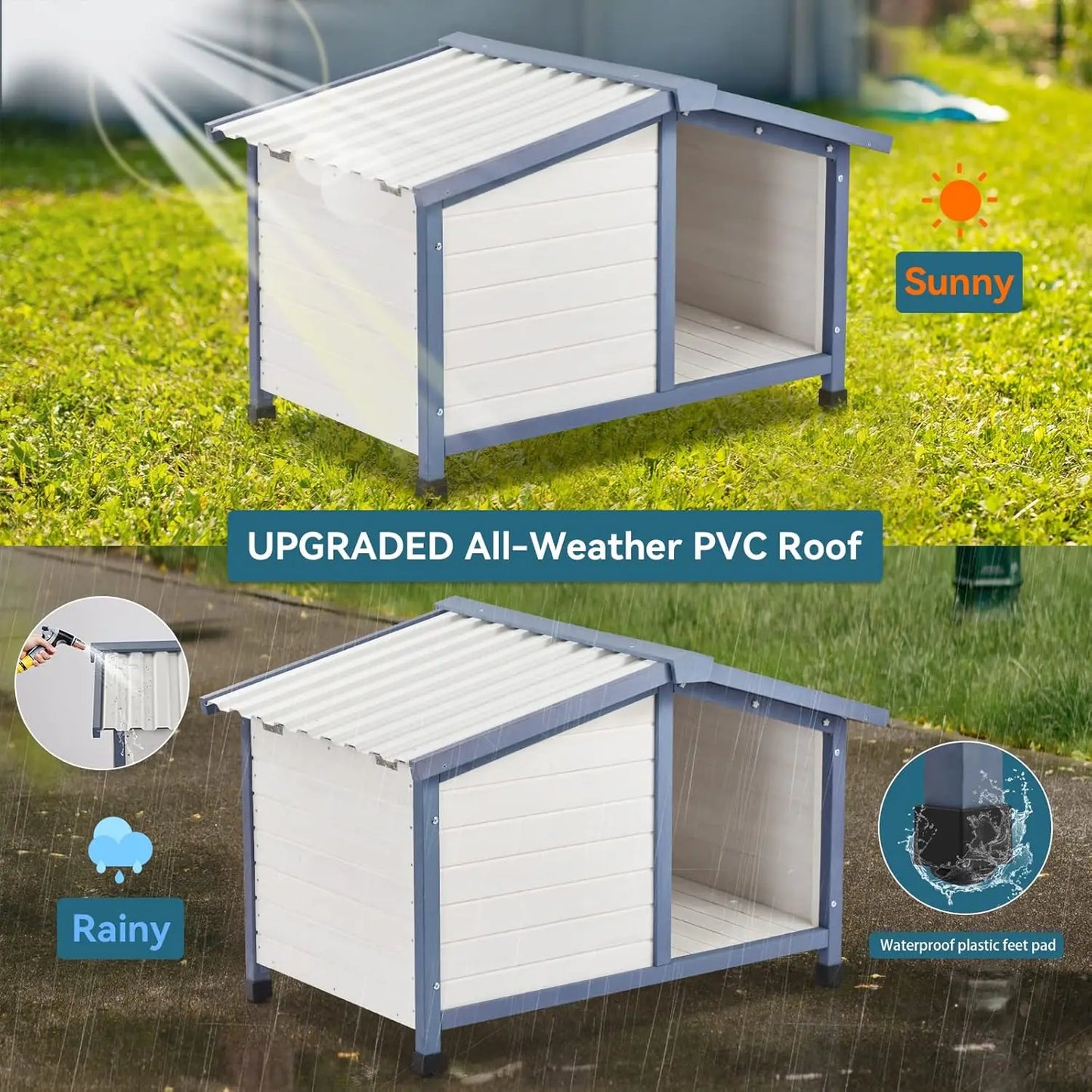 Small Dog House 33" L x 22.5" W x 25.2" H Waterproof PVC Roof Dog House for Small Dogs,Small Dog House with Adjustable Foot Mat