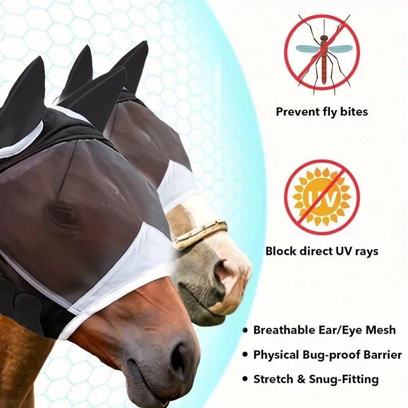 Mesh Horse Fly Mask, Leisure Sports, Amusement Facilities Elastic UV Detachable Breathable Horse Fly Mask with Ears for Horses