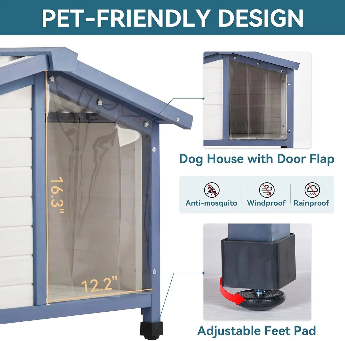 Small Dog House 33" L x 22.5" W x 25.2" H Waterproof PVC Roof Dog House for Small Dogs,Small Dog House with Adjustable Foot Mat