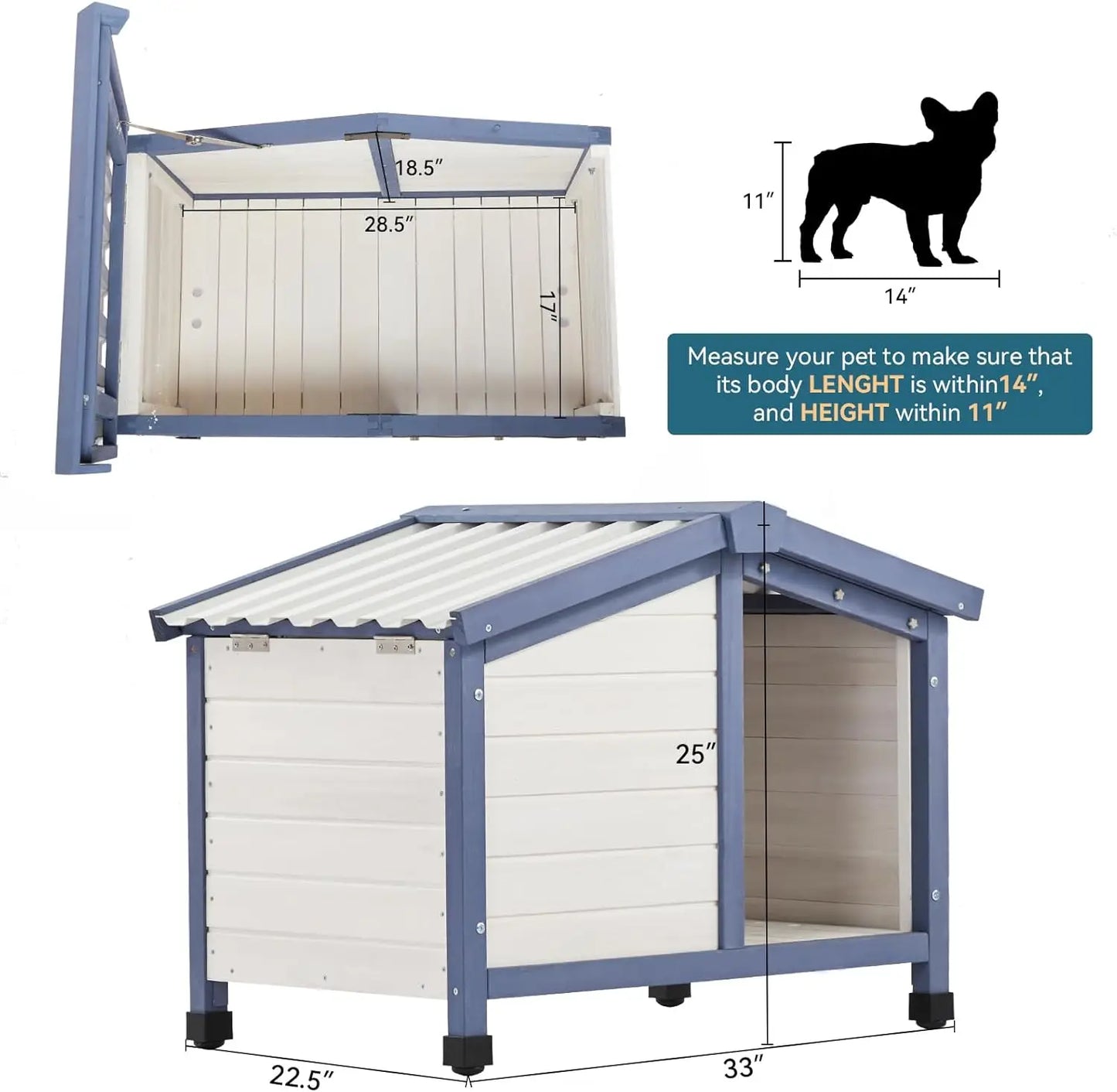 Small Dog House 33" L x 22.5" W x 25.2" H Waterproof PVC Roof Dog House for Small Dogs,Small Dog House with Adjustable Foot Mat