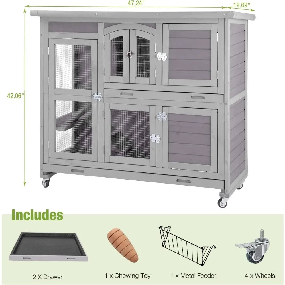 Rabbit Hutch on Wheel with Plastic Tray-47inch